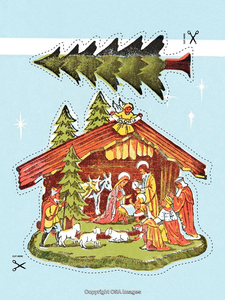 Vintage Cut-Out Nativity Scene Featuring Holy Family and Christmas Trees