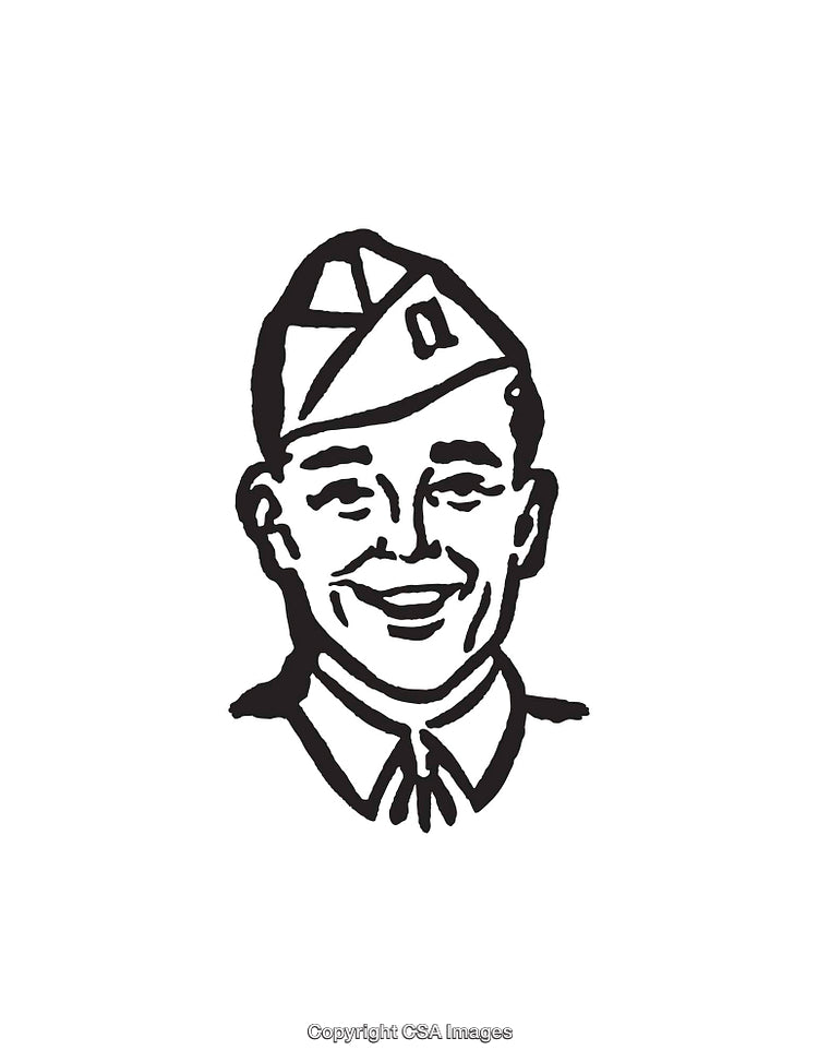 Vintage Black and White Military Officer Line Drawing Illustration