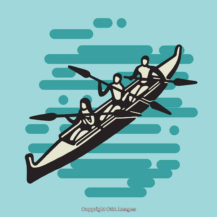 Group of Paddlers in Canoe on Calm Waters Illustration