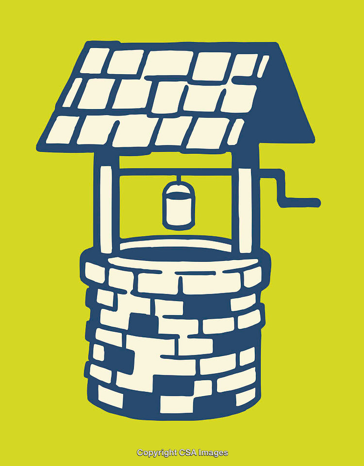 Rustic Well Illustration in Blue and Yellow Color Line Art Style