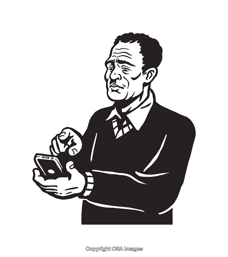 Black and White Line Art of a Man Using a Smartphone
