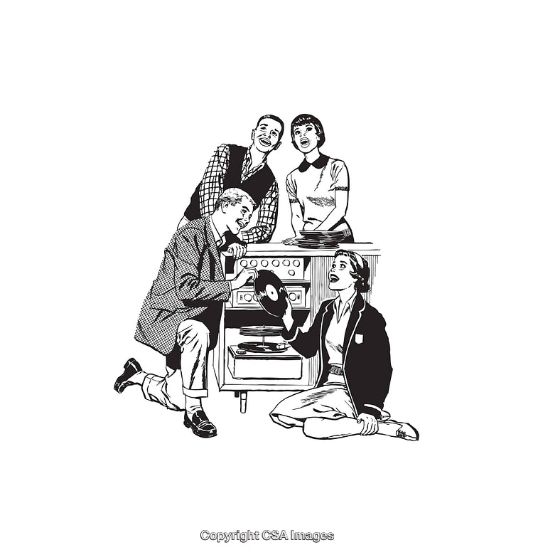 Retro Illustration of Friends Enjoying Music Together with Vinyl Records