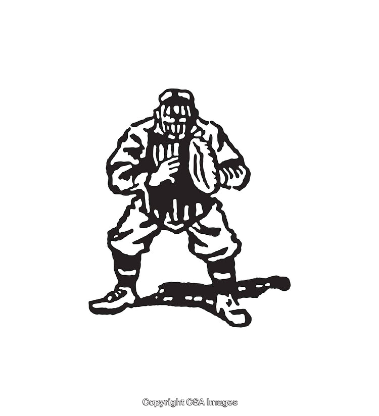 Vintage Black and White Illustration of a Baseball Catcher