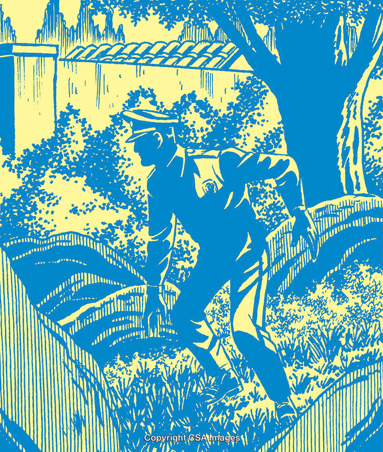 Vintage Artwork Depicting a Police Officer in a Forest Scene