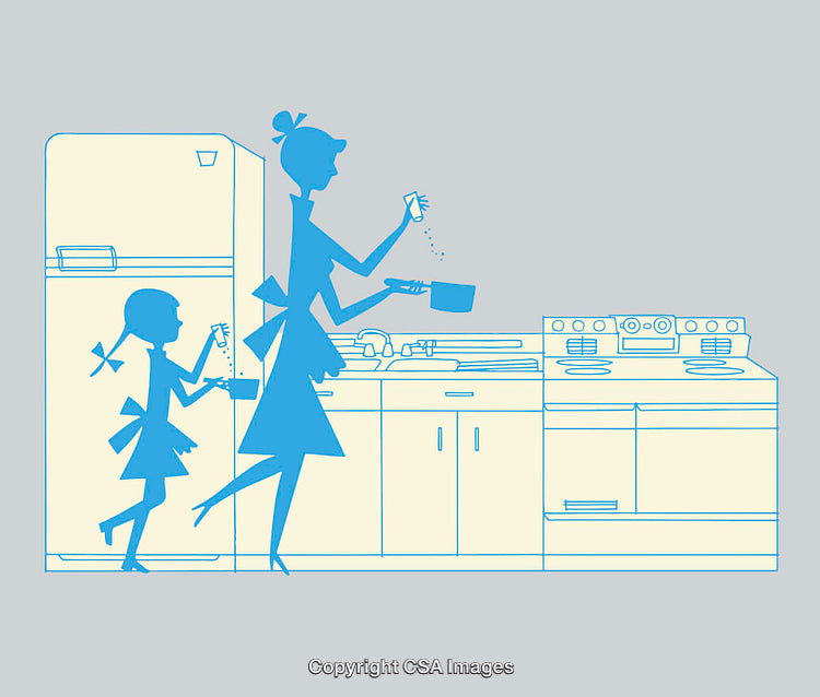Illustration of Family Cooking Together in a Kitchen in Retro Style