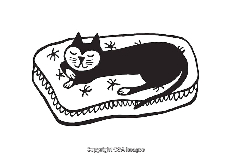 Black And White Illustration of a Cat Relaxing on a Comfy Cushion