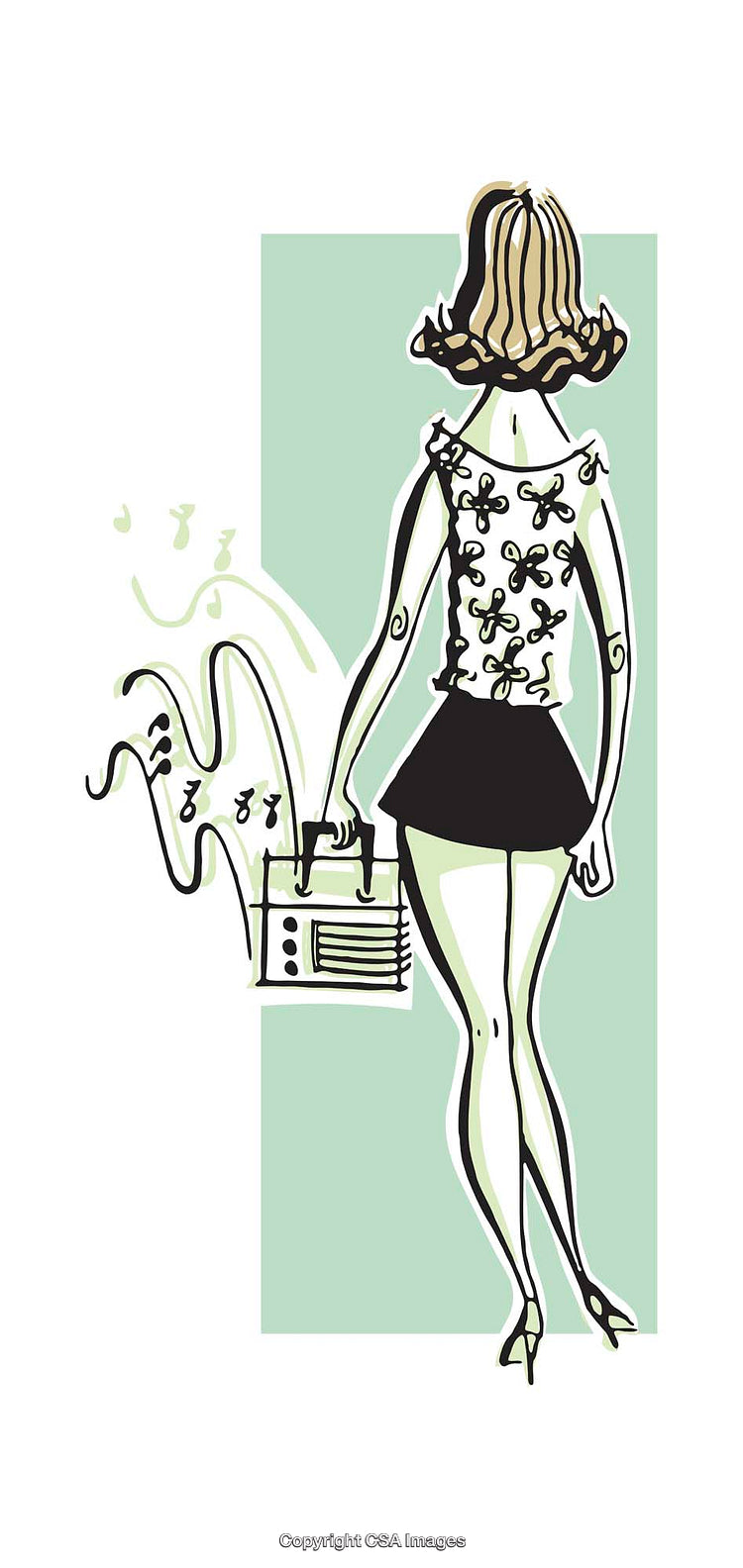 Chic Illustration of a Woman Holding a Radio in Retro Style