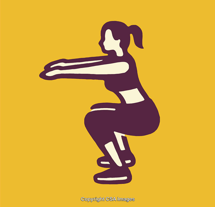 Illustrated Woman Performing a Squat Exercise on Yellow Background