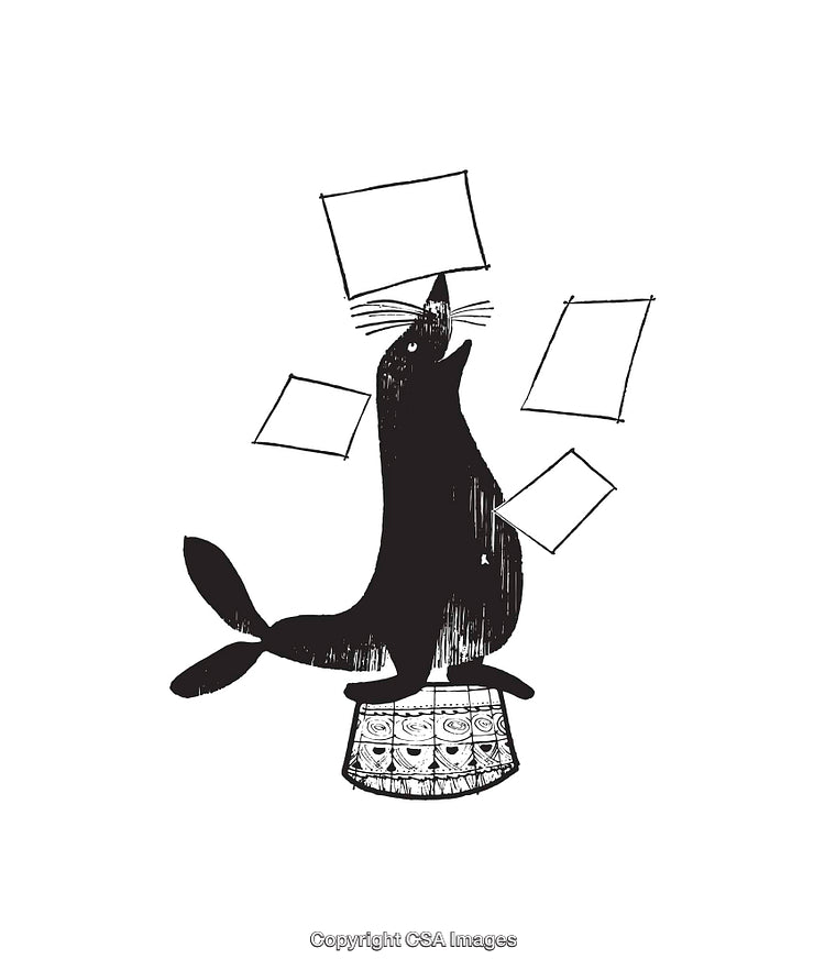 Black and White Illustration of Seal Performing with Geometric Shapes