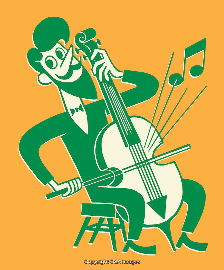 Retro Style Illustration of Man Playing Cello with Musical Notes
