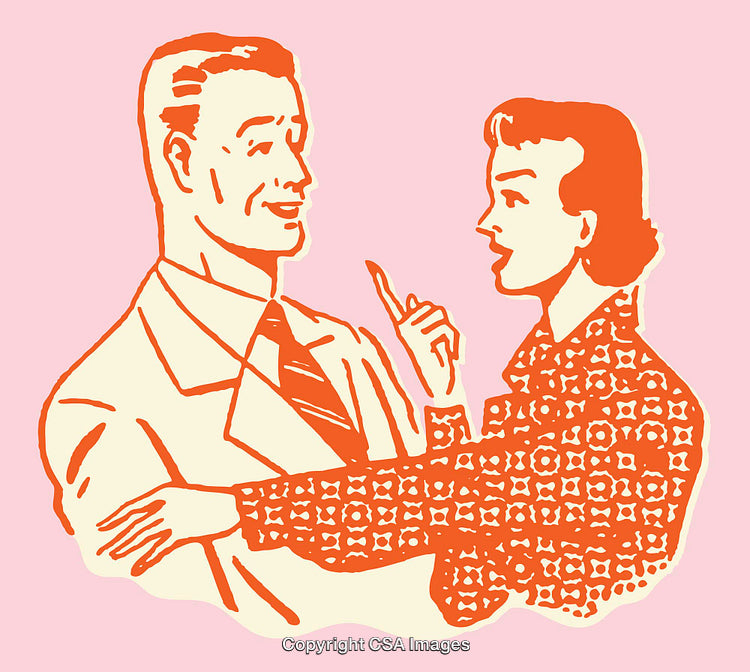 Vintage Illustrated Couple Engaging in Conversation on Pink Background
