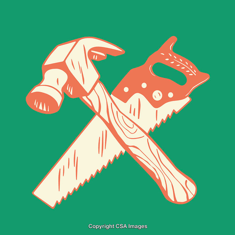 Crossed Hammer and Saw Illustration on Solid Green Background