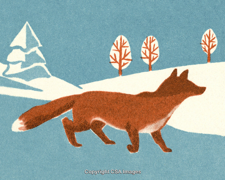 Stylized Illustration of a Fox in Snowy Winter Landscape with Trees