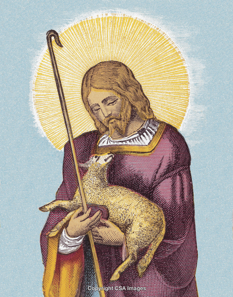 Christian Illustration Depicting a Shepherd Holding a Lamb with Radiant Light