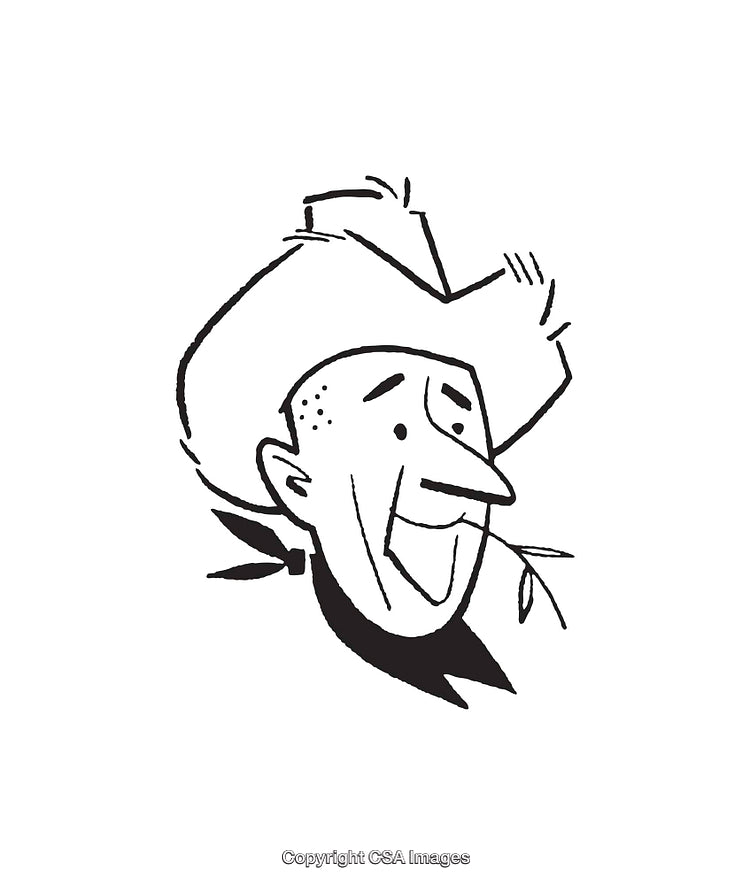 Black and White Line Art of a Cheerful Cowboy Character