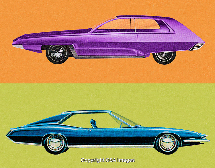 Colorful Retro Styled Cars with Vintage Pop Art Aesthetic and Bold Backgrounds