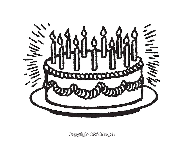Black and White Drawing of a Birthday Cake With Candles and Decorations