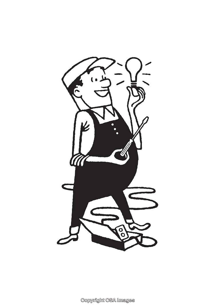 Vintage Line Art of Electrician with Light Bulb and Toolbox