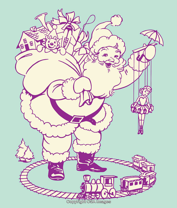 Vintage Christmas Illustration of Santa Claus Carrying Toys and Train Set