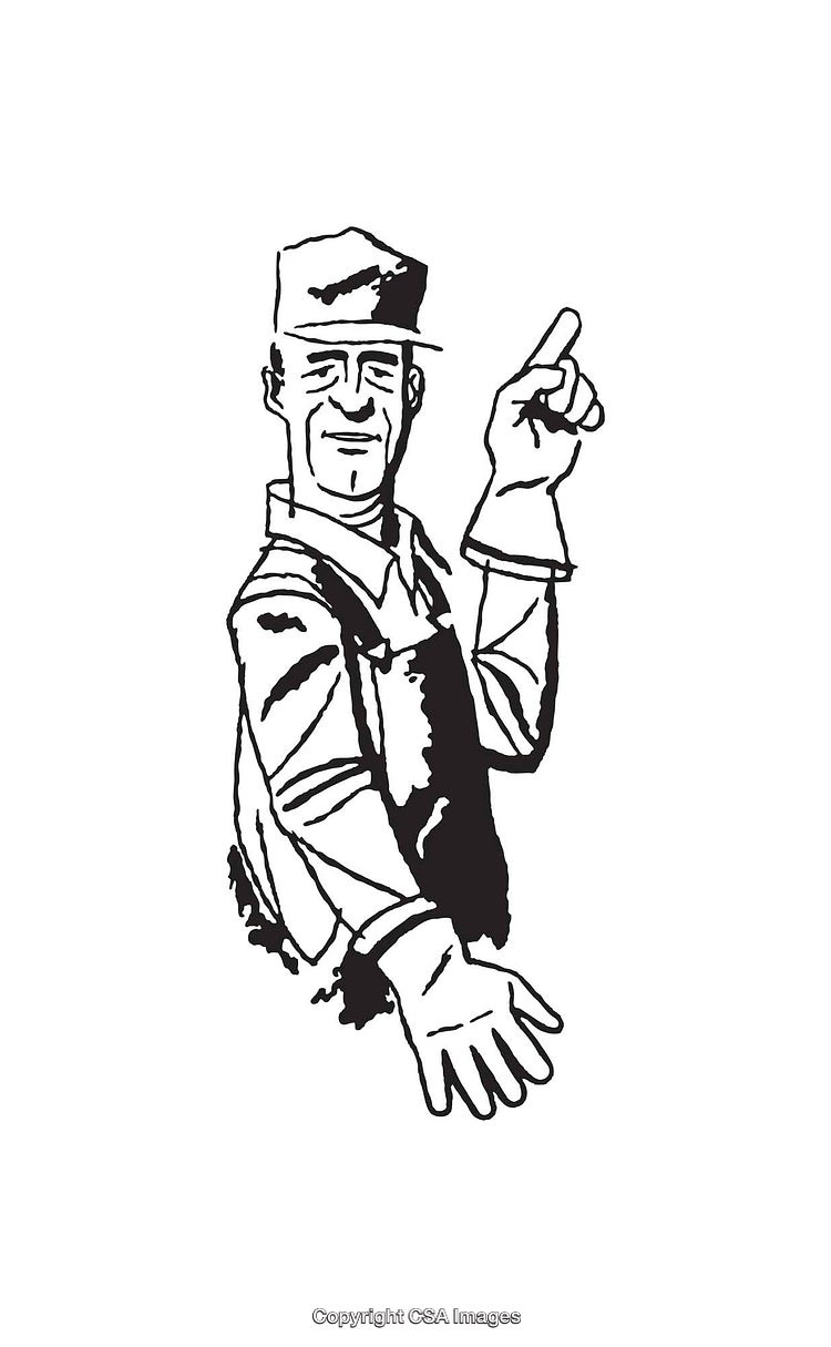 Black and White Line Art of Worker Gesturing and Smiling