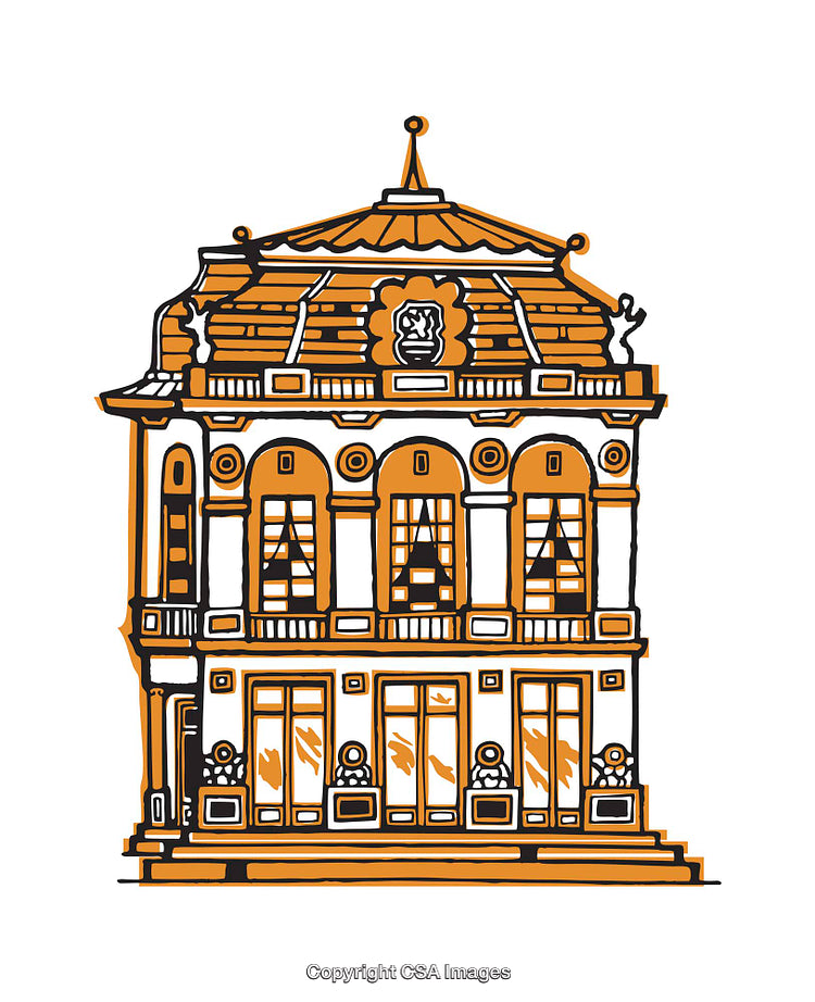 Illustrated European Building With Arch Windows and Detailed Roof Design