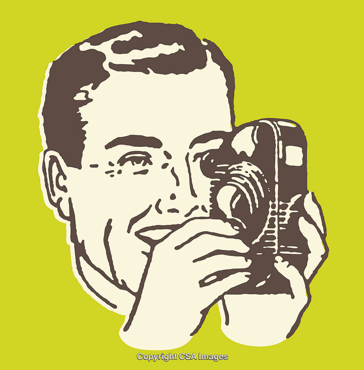 Retro Style Illustration of a Man Using a Vintage Camera