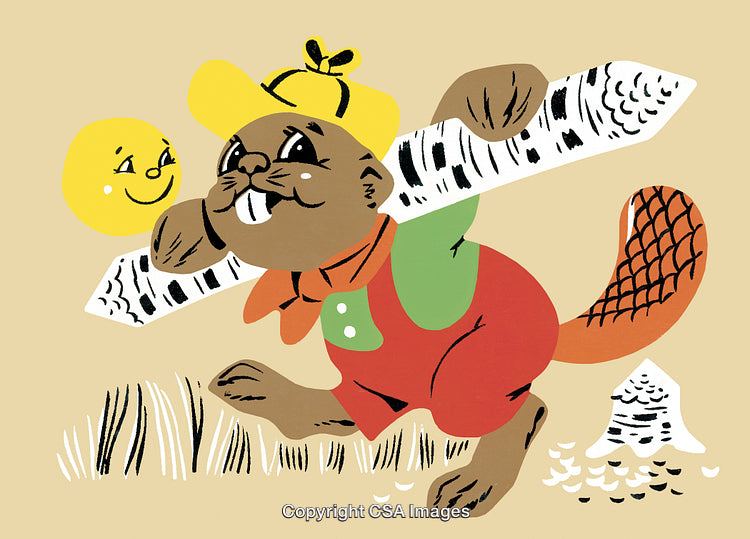 Illustration of Cheerful Beaver Carrying Timber with a Smiling Sun