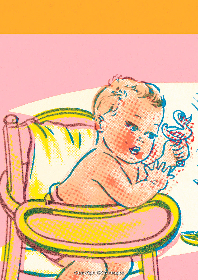 Colorful Vintage Illustration of a Baby Seated on a High Chair