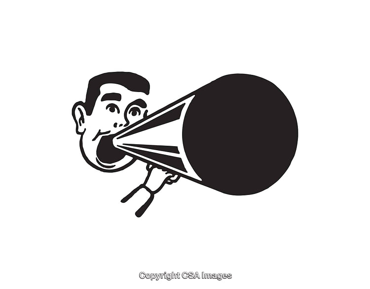 Black and White Retro Illustration of Man with Megaphone Yelling Out Loud
