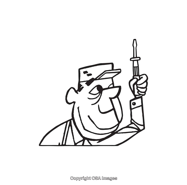 Black and White Illustration of a Happy Worker Holding a Tool