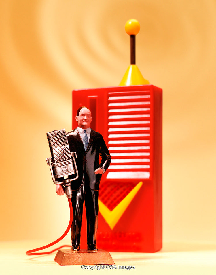 Plastic Figurine of Businessman With Microphone Against Retro Background