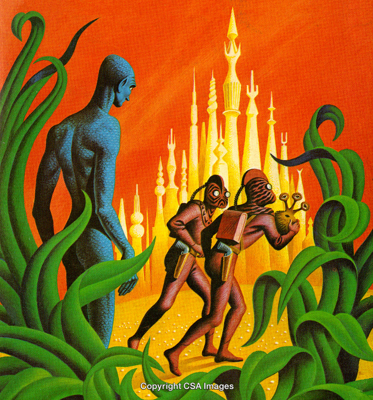 Futuristic Alien World Exploration with Unique Creatures and Distant Spires