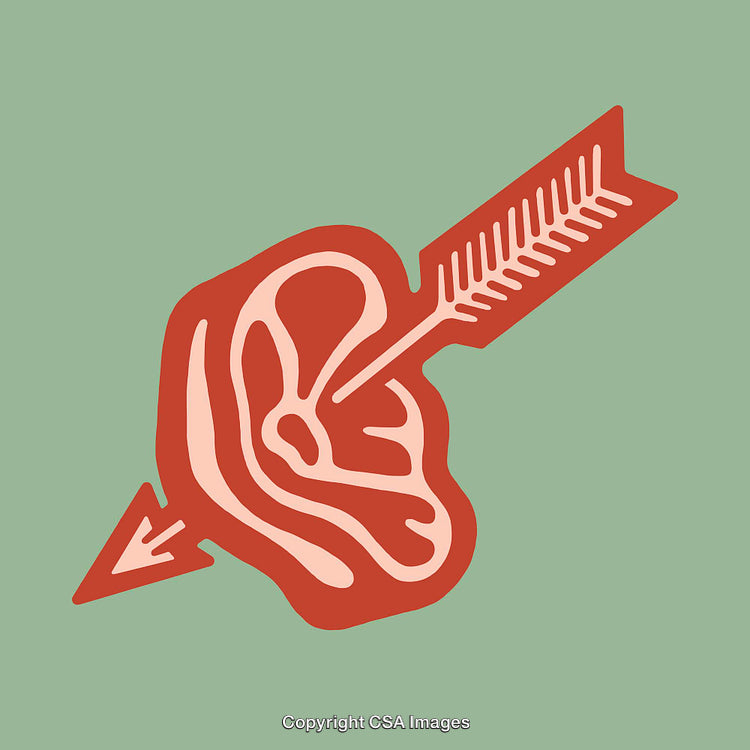 Retro Line Art Illustration of an Ear with Arrow Motif