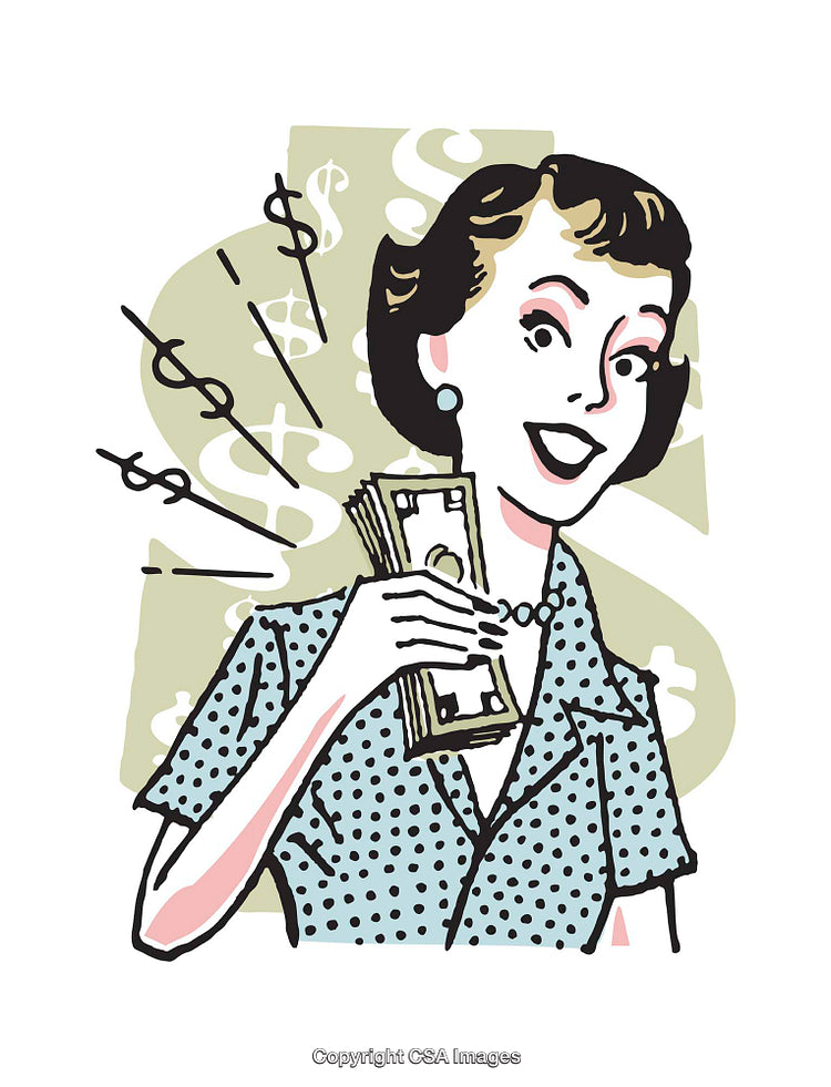 Retro Illustration of a Woman Holding Cash with a Happy Expression