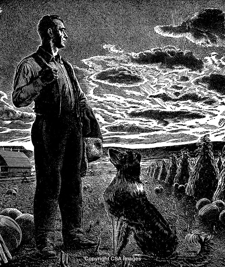 Detailed Black and White Engraving of a Farmer with Dog in Field