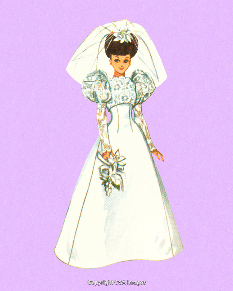 Elegant Vintage Illustration of a Bride in a Classic Wedding Dress