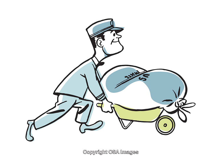 Illustration of Courier Pushing Wheelbarrow with Large Money Bags