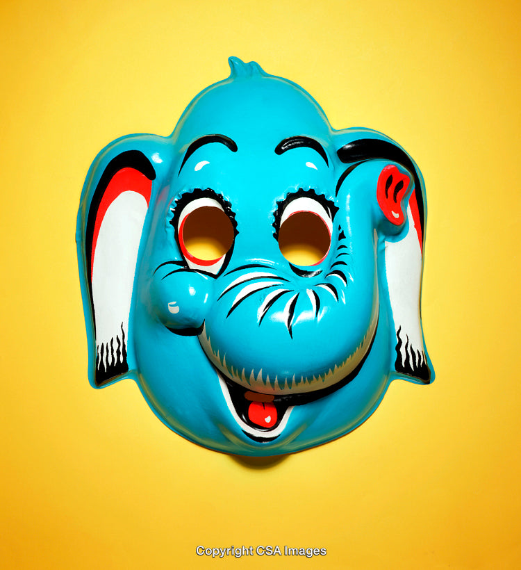 Bright Blue Elephant Mask with Vibrant Yellow Background