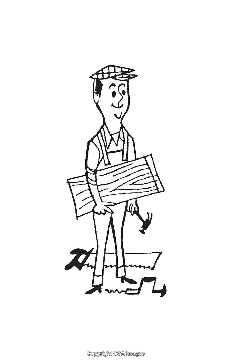 Black and White Line Art of a Construction Worker with Tools
