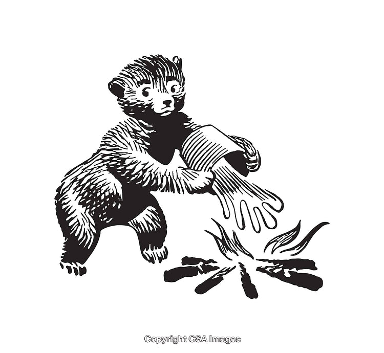 Illustration of a Bear Interacting Near a Campfire in Black and White