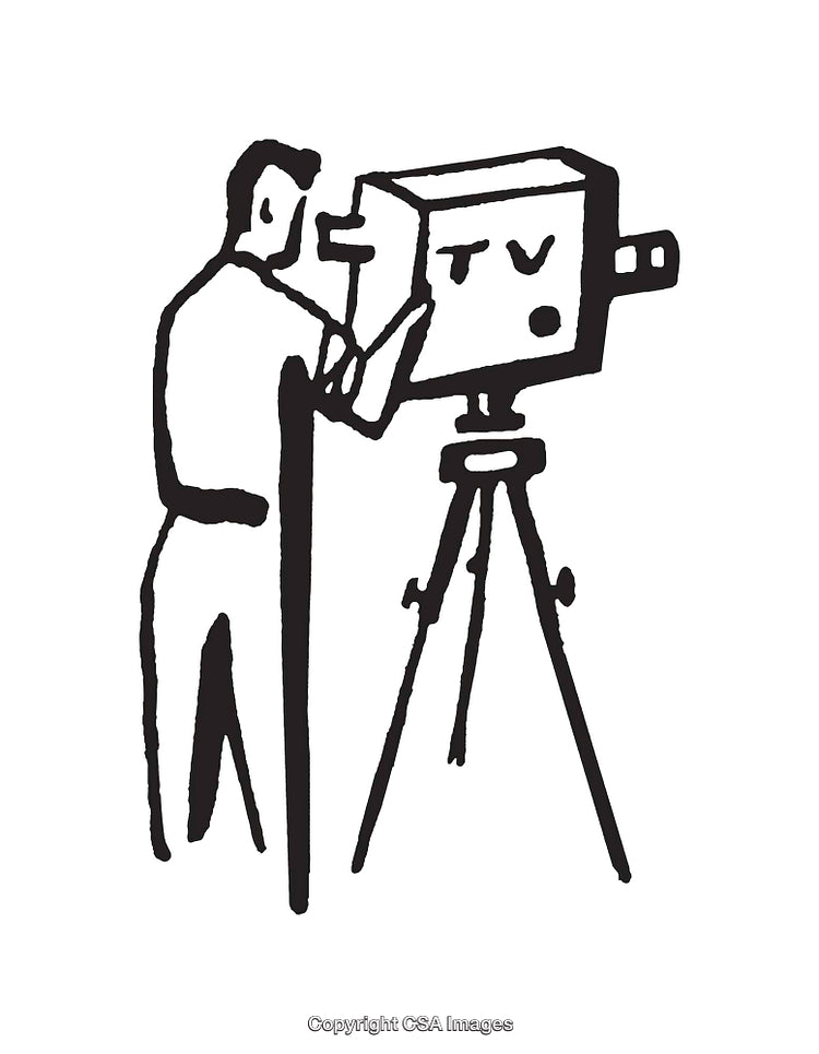 Black And White Line Art Illustration of Cameraman Operating Antique TV Camera