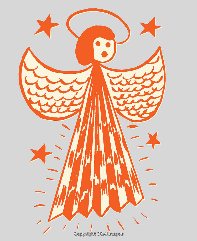 Whimsical Angel Illustration with Halo and Radiating Stars in Vibrant Colors