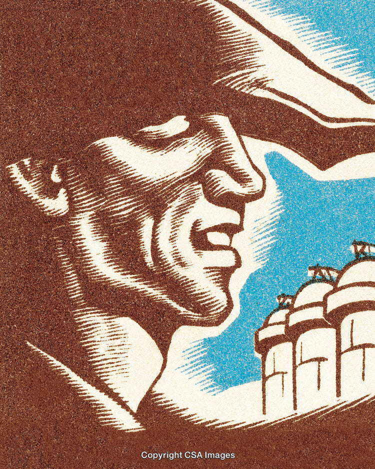 Vintage Illustration of Farmer with Silos on Countryside Scene