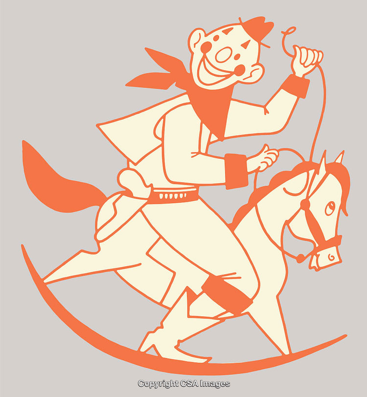 Cheerful Cowboy Riding a Galloping Toy Horse Artwork Illustration