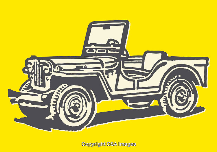 Classic Jeep Illustration in Bold Yellow and Vintage Line Art Style
