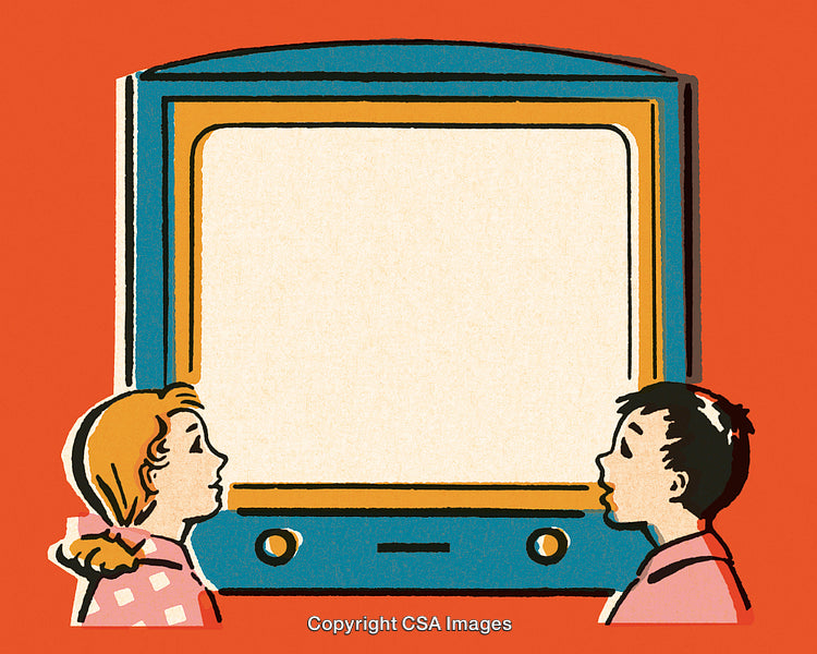 Vintage Illustration of Children Watching an Old Television With a Blank Screen