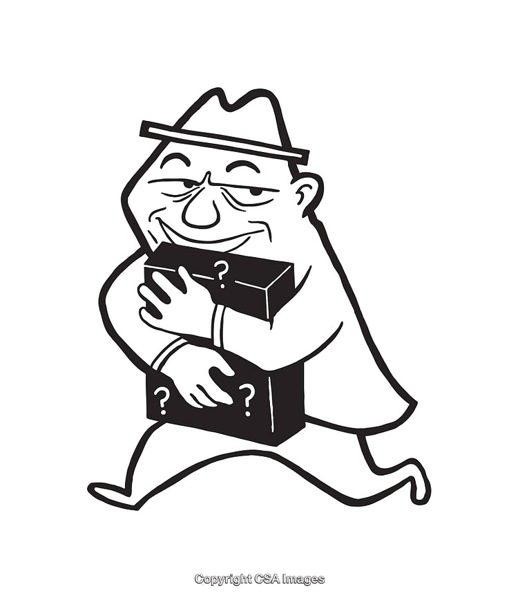 Black And White Illustration of Sneaky Man Hugging Boxes With Question Marks