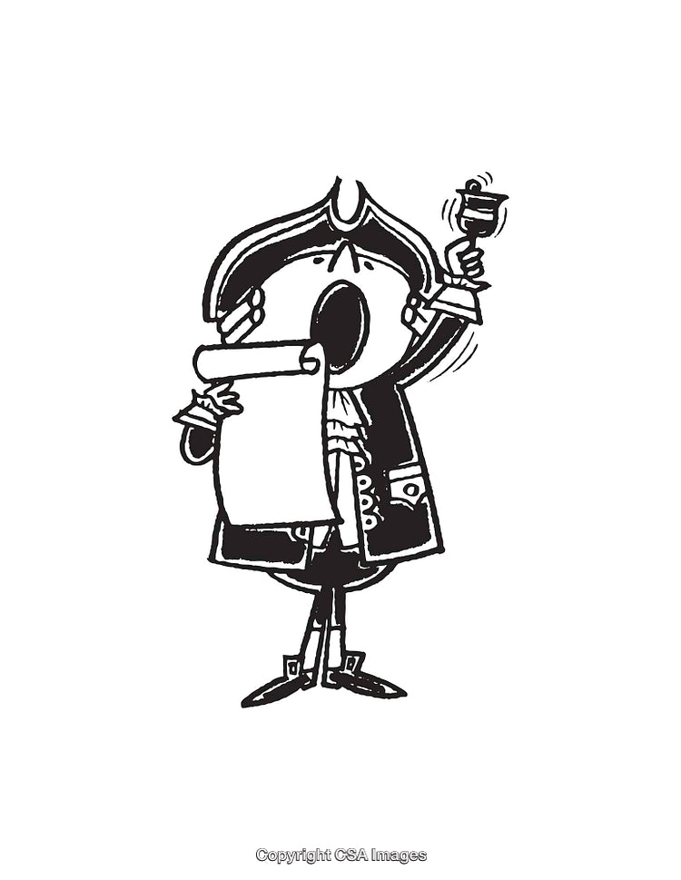 Black and White Line Art Illustration of a Town Crier Holding a Bell and Scroll
