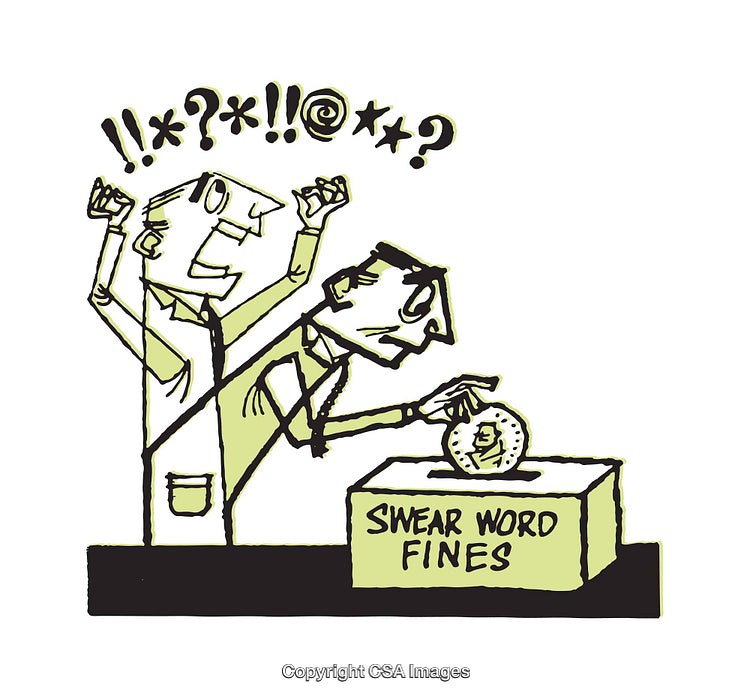 Humorous Illustration of Swear Jar in Action with Expressive Characters