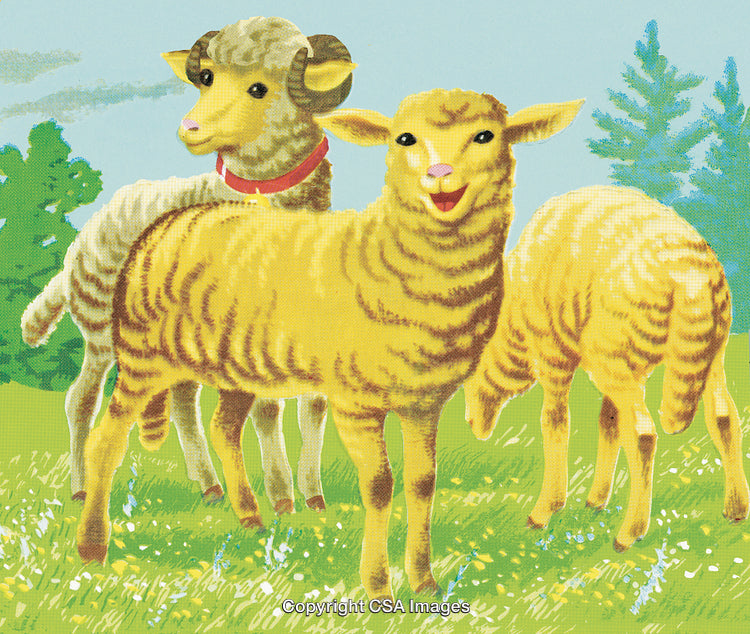 Illustration of Three Cheerful Lambs in a Scenic Pastoral Field